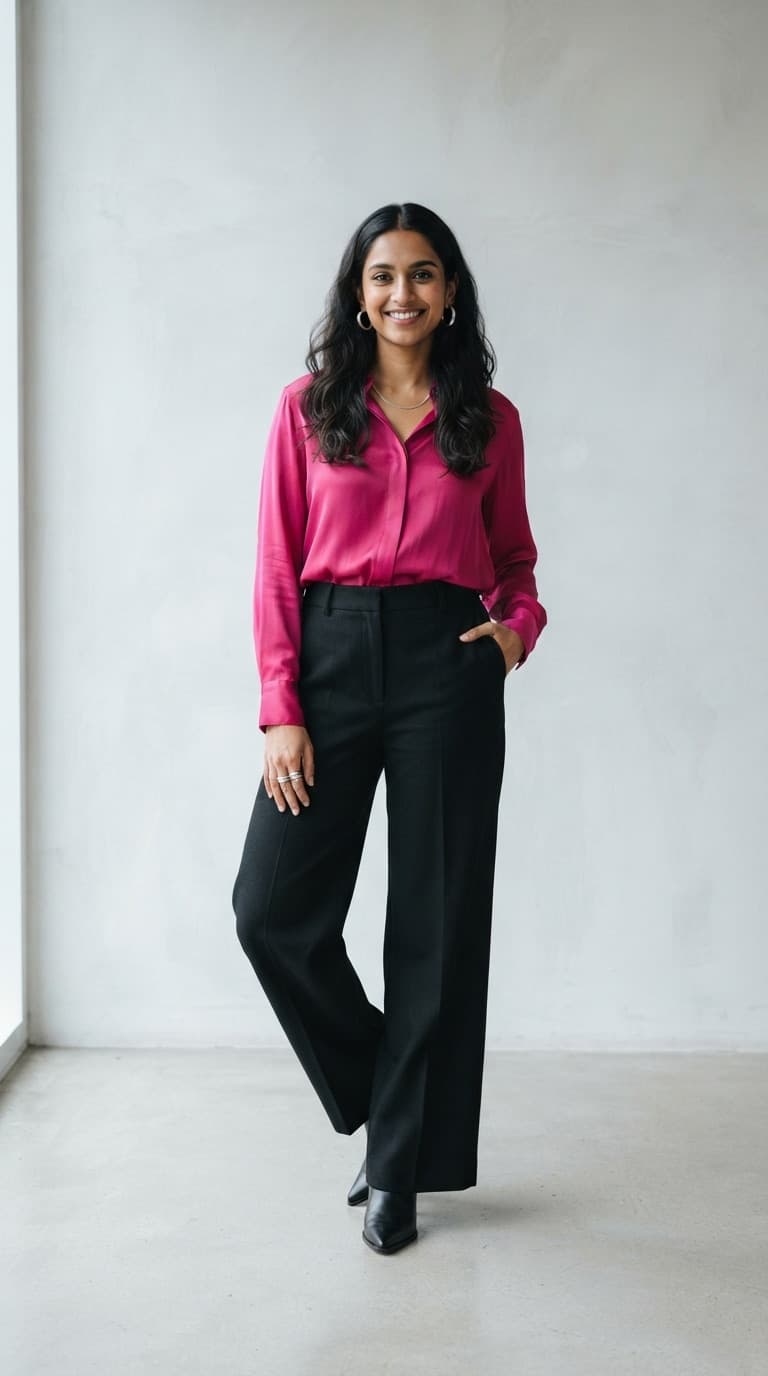 A woman in a magenta satin shirt, black wide-leg trousers and black boots
